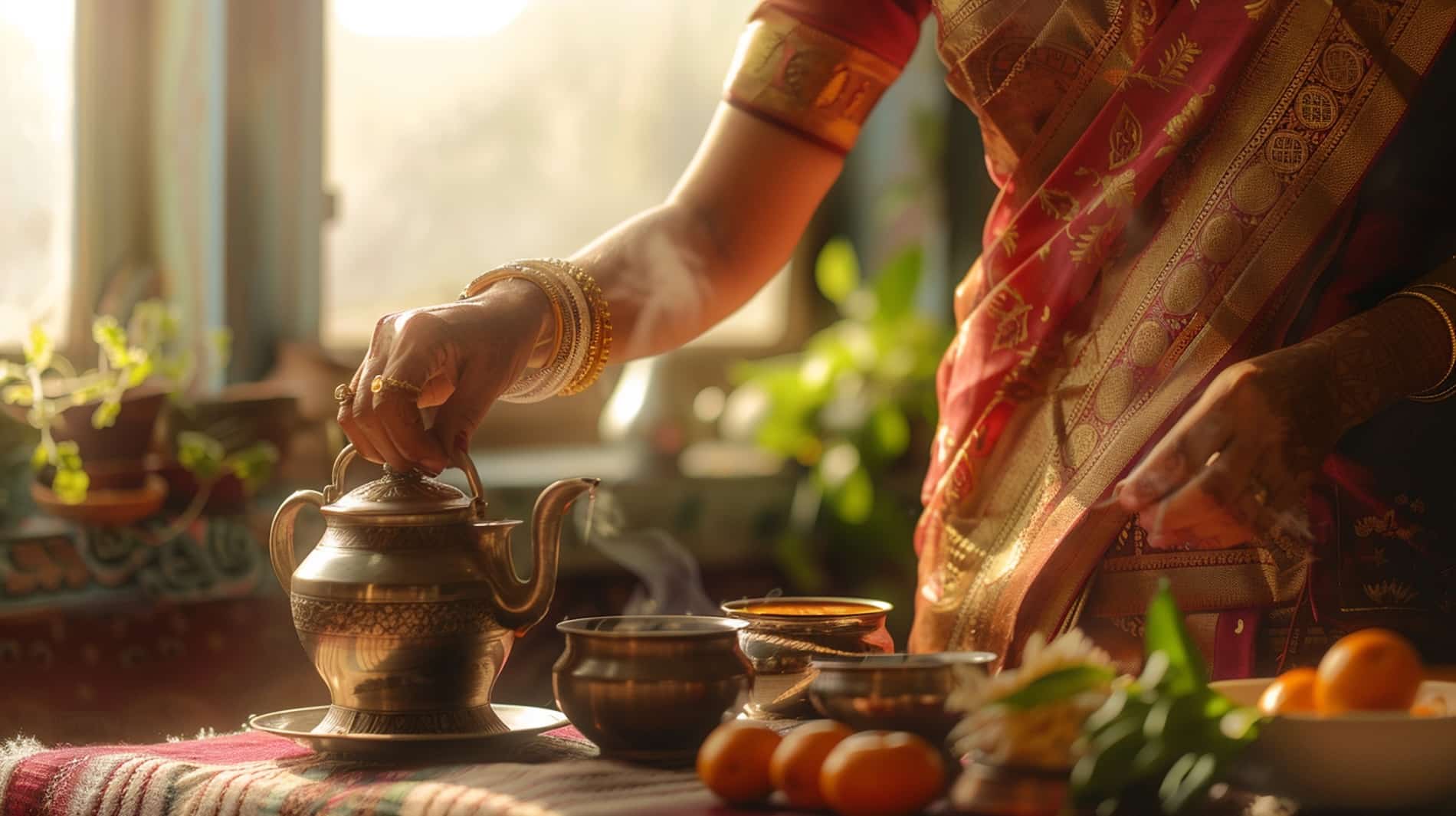 Femme en sari versant du chai fumant d'une théière en métal dans de petites coupes